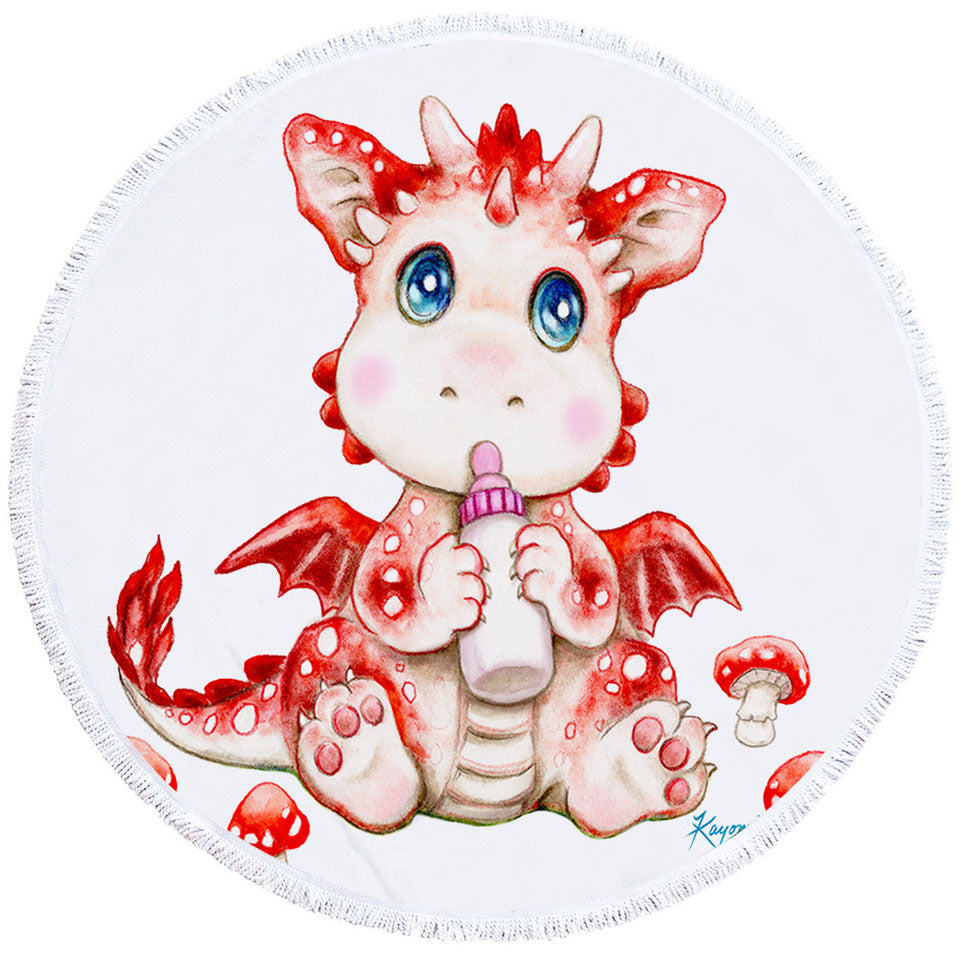 Cute Art Round Beach Towels for Kids Red Mushrooms and Dragon