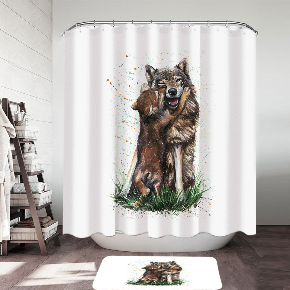 Cute Art Shower Curtain Painting Momma Wolf and her Pup