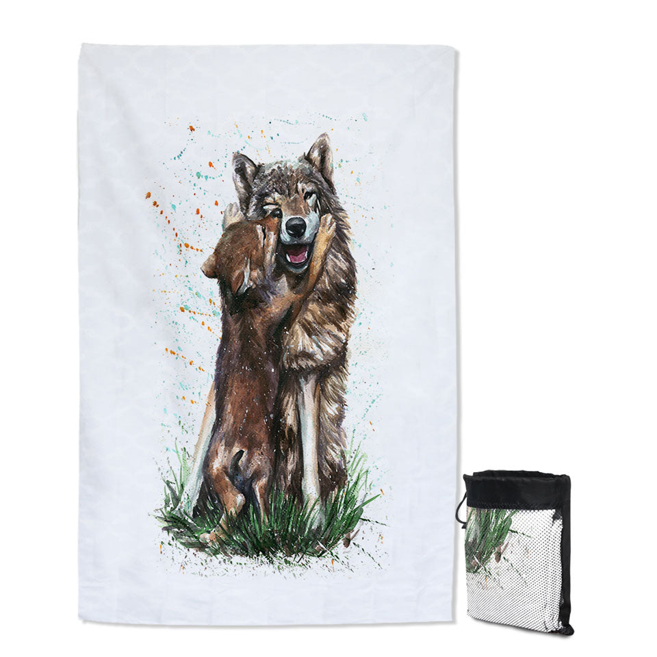 Cute Art Swims Towel Painting Momma Wolf and her Pup