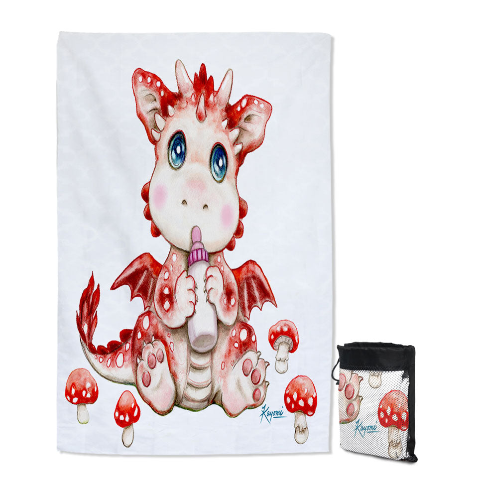 Cute Art Travel Beach Towel for Kids Red Mushrooms and Dragon