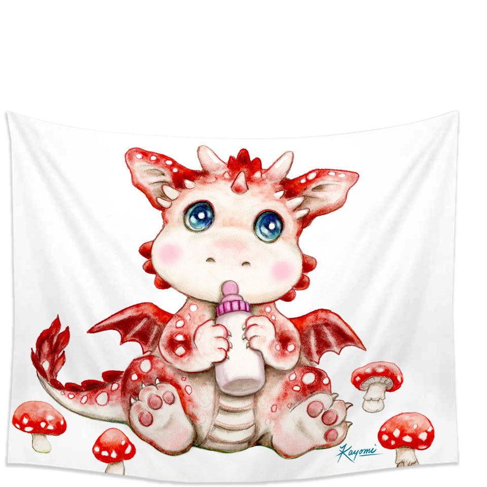Cute Art Wall Decor for Kids Red Mushrooms and Dragon Tapestry