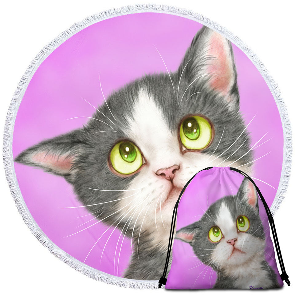 Cute Art for Kid Adorable Grey Kitten Beach Towels