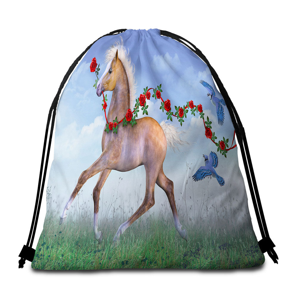 Cute Beach Bags and Towels Foal Horse with Roses and Birds