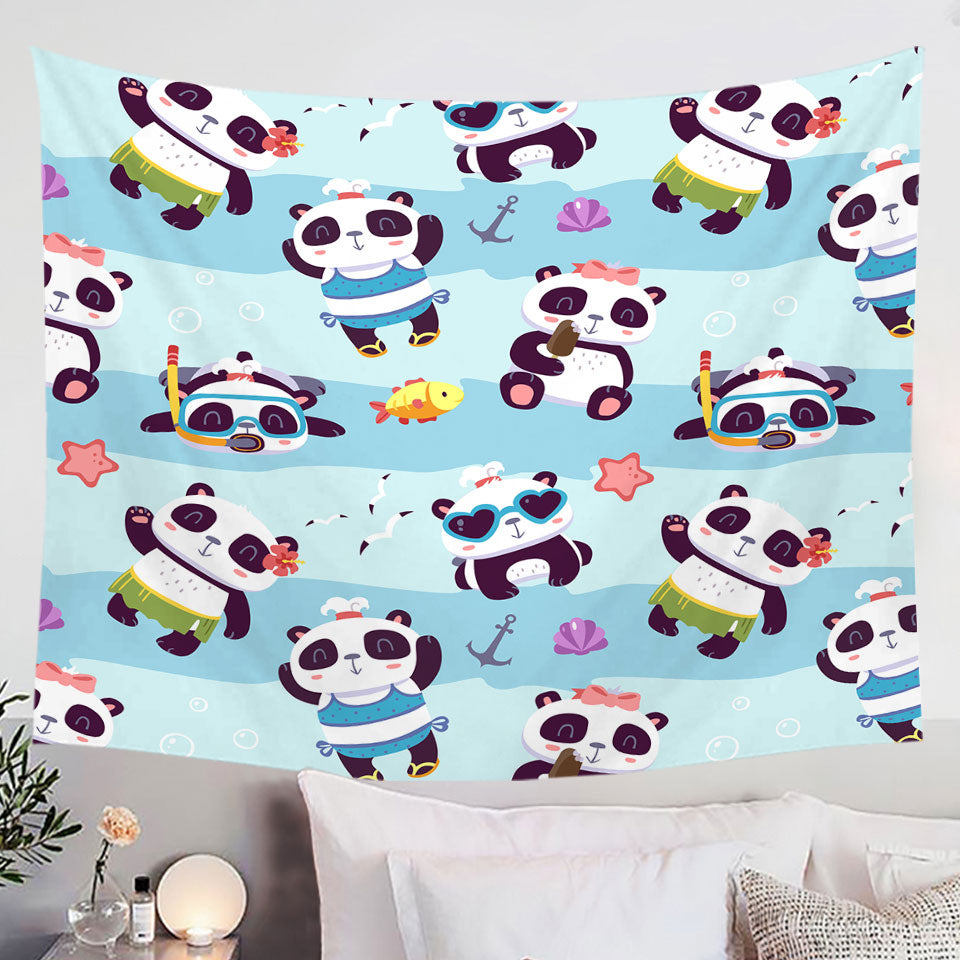 Cute Beach Holiday Pandas Tapestry Wall Hanging