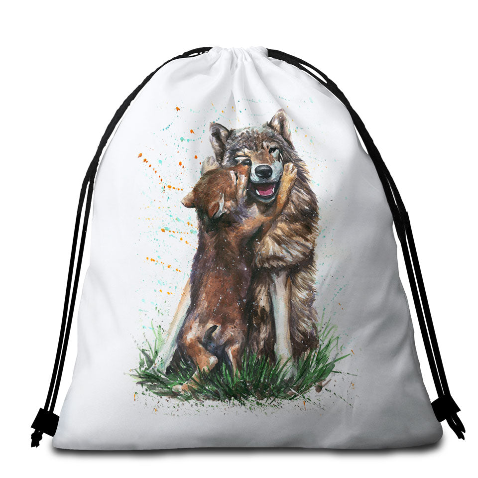 Cute Beach Towel Bags Art Painting Momma Wolf and her Pup
