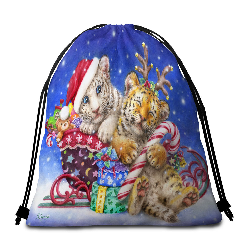 Cute Beach Towel Bags Christmas Baby Tigers with Presents Sleigh