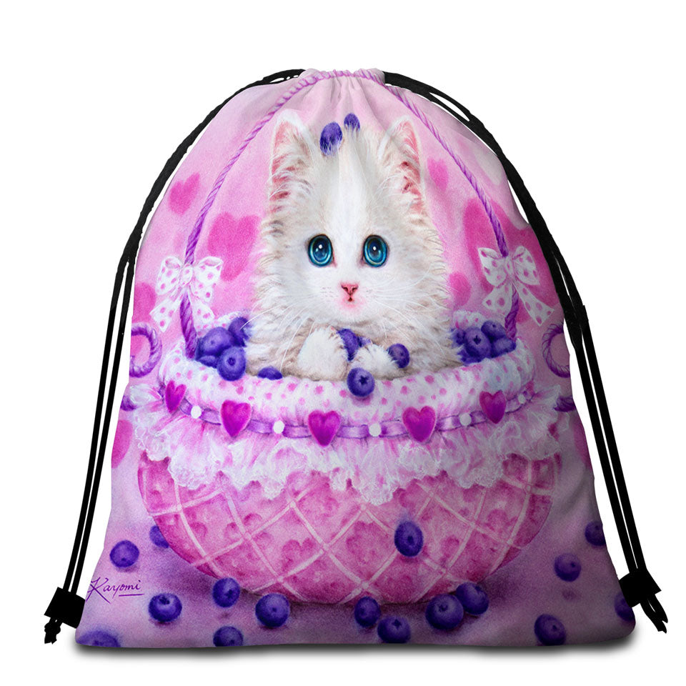 Cute Beach Towel Bags Designs for Girls Kitten in Blueberry Basket