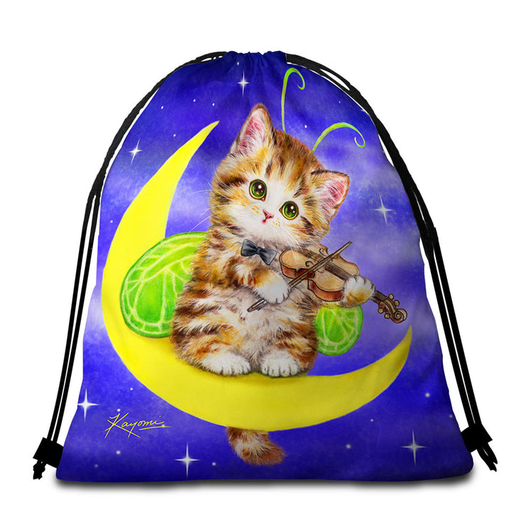 Cute Beach Towel Bags Fantasy Cats Art Violinist Tabby Kitten