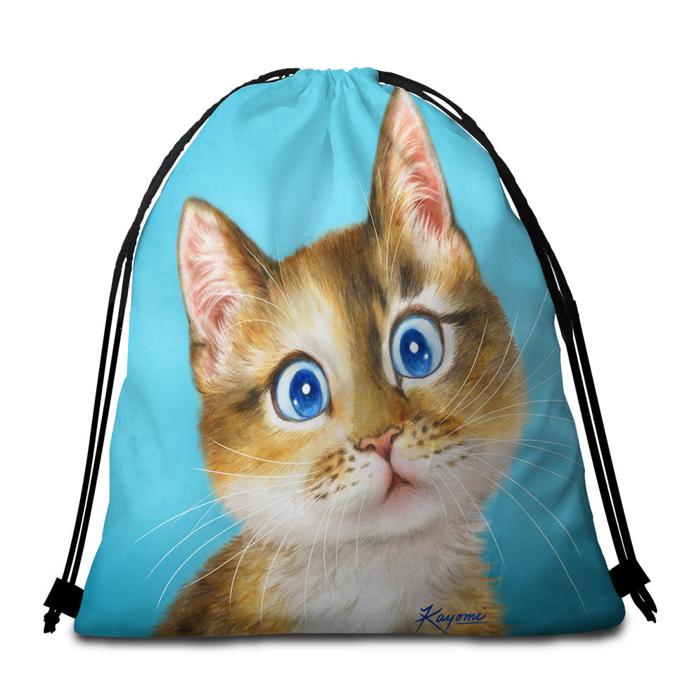 Cute Beach Towel Bags Paintings for Kids Blue Eye Kitty Cat