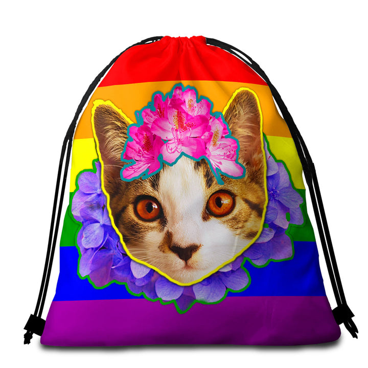 Cute Beach Towel Bags Rainbow Flag Adorable Flowery Kitten
