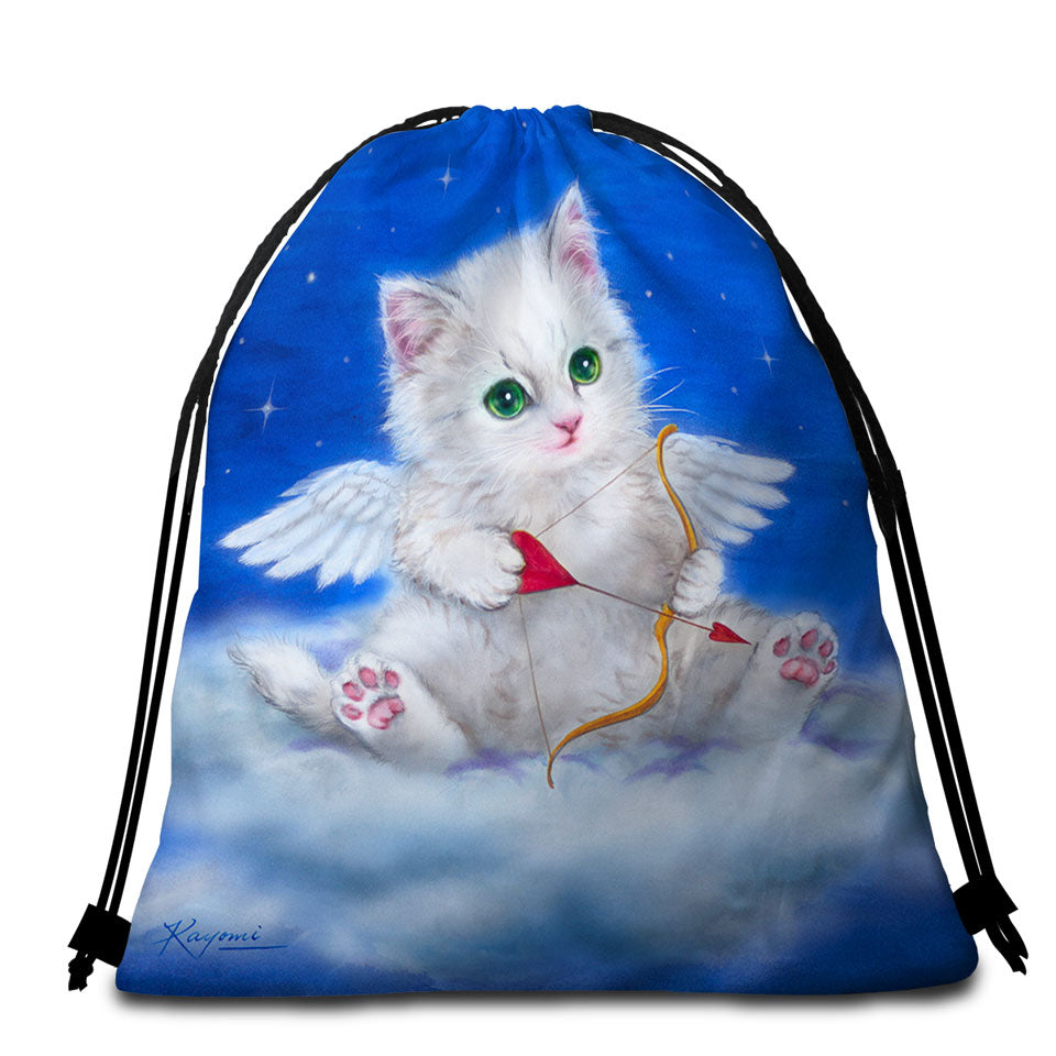 Cute Beach Towel Bags and Towels Fantasy Cat Art Love Angel White Kitten