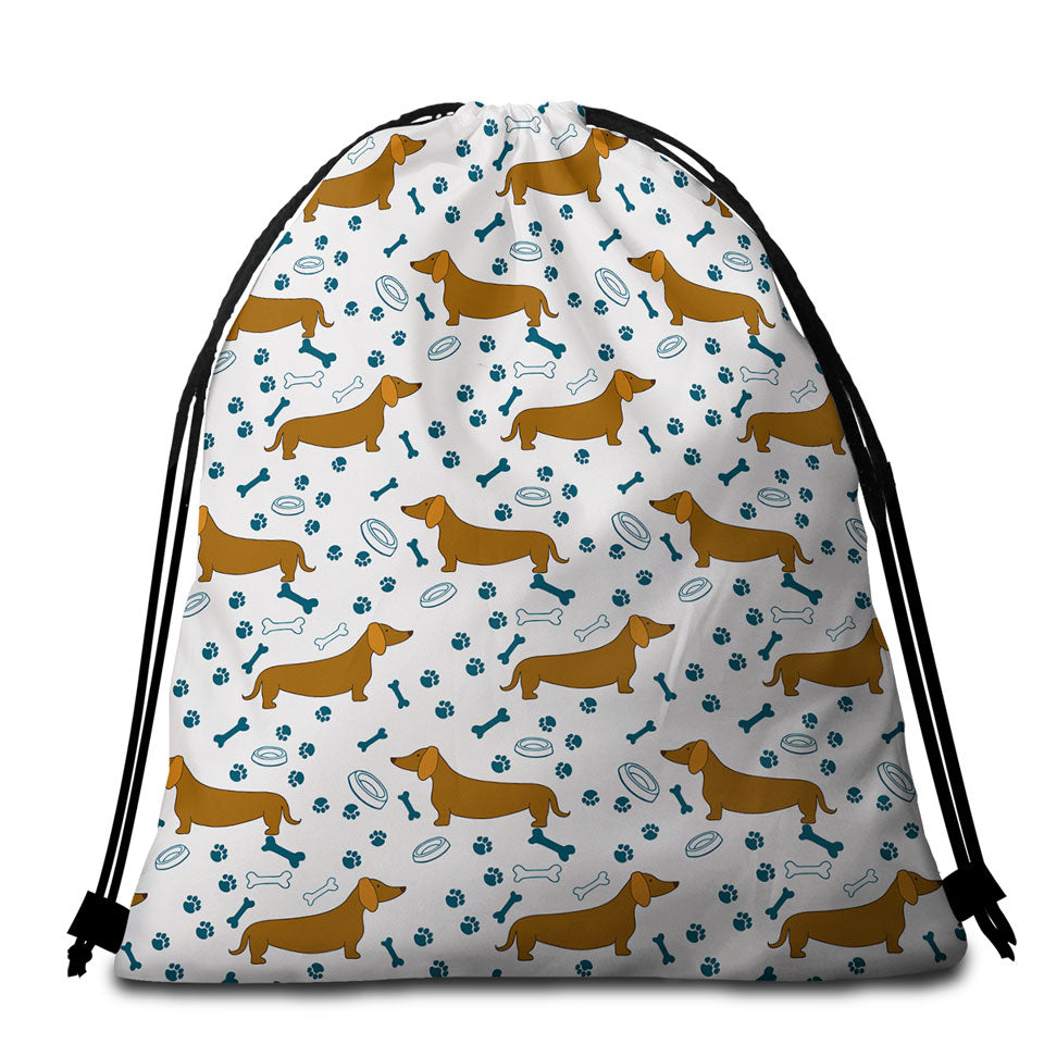 Cute Beach Towel Bags with Dog Food Bowl Paw Bone and Dachshund