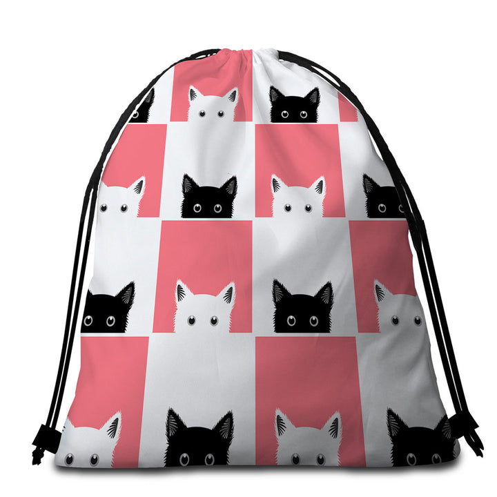 Cute Beach Towel Bags with Pink White Panel and Black White Cats