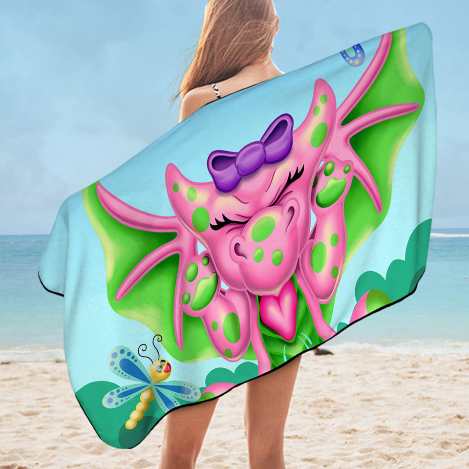 Cute Beach Towel for Girls Dragonflies vs Girl Pink Dragon