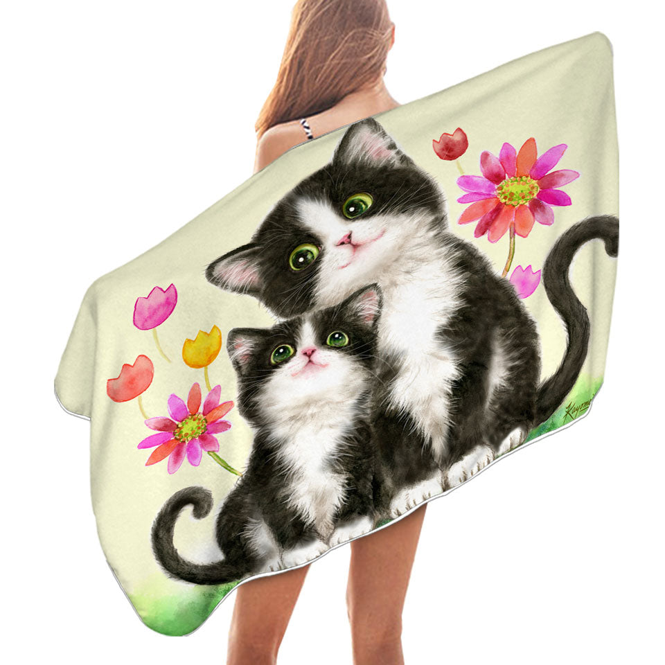 Cute Beach Towels Black and White Cats Mother and Daughter