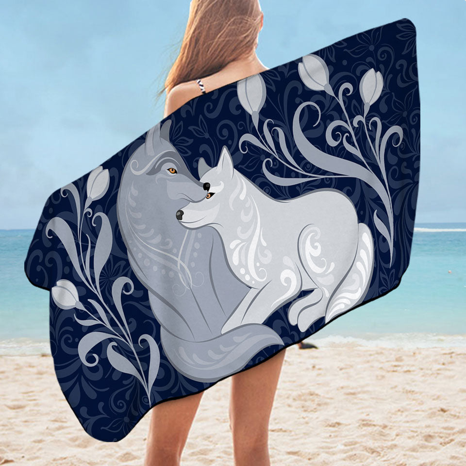 Cute Beach Towels Blue Flowers and Wolves