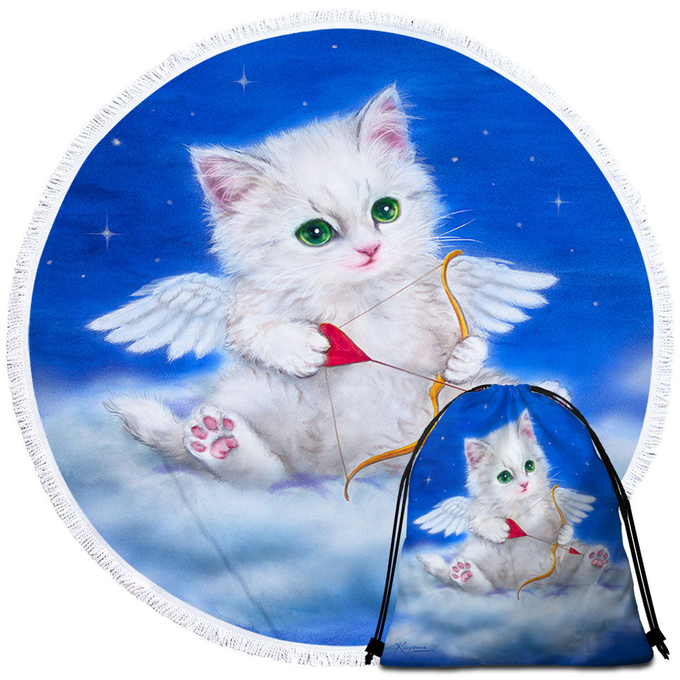 Cute Beach Towels Fantasy Cat Art Love Angel White Kitten