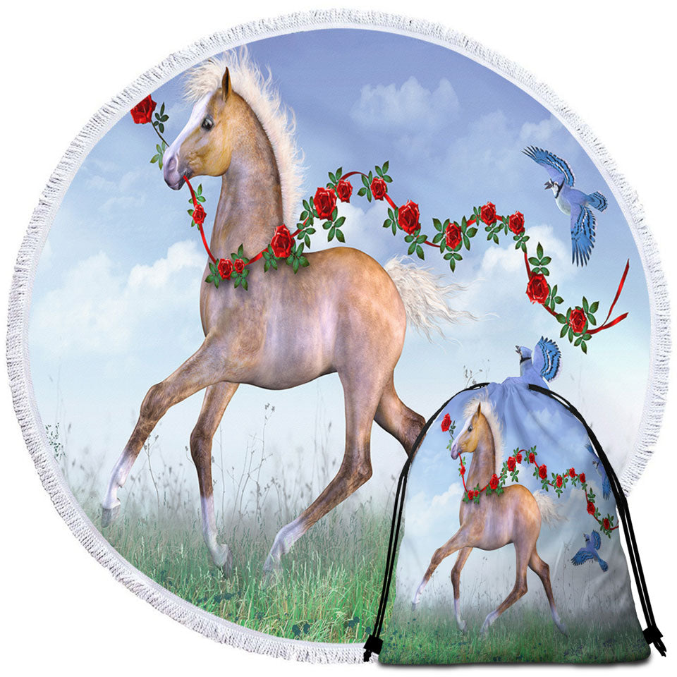 Cute Beach Towels Foal Horse with Roses and Birds