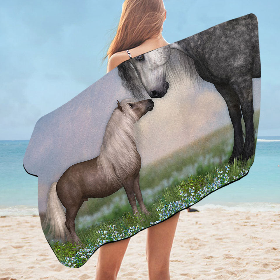Cute Beach Towels Horses Art Momma with Cute Foal in the Meadow