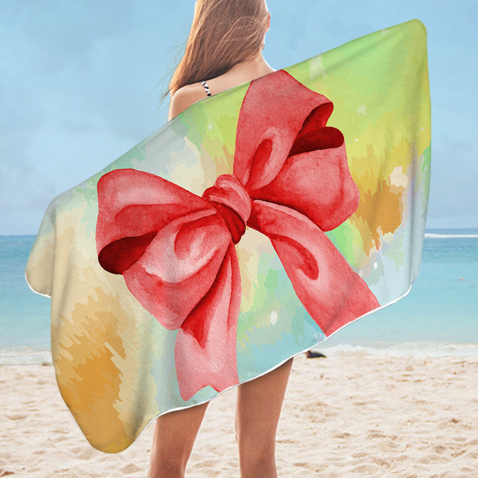 Cute Beach Towels Red Ribbon over Pastel Colors