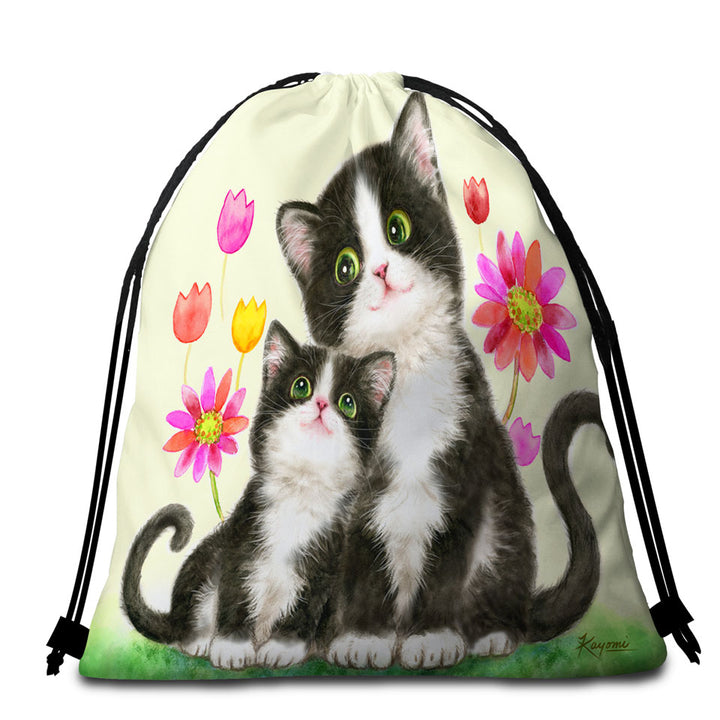 Cute Beach Towels and Bags Set Black and White Cats Mother and Daughter
