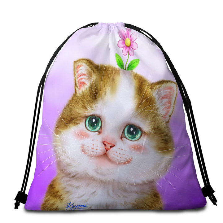 Cute Beach Towels and Bags Set Cats Prints Blushing Sweet Flower Kitten