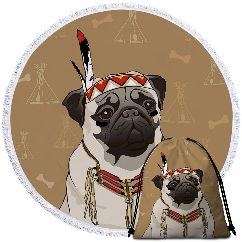 Cute Beach Towels and Bags Set Native American Chief Pug Towel and Bag