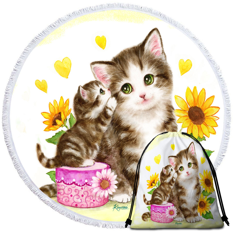 Cute Beach Towels and Bags Set Sunflower Cats Mother and Daughter