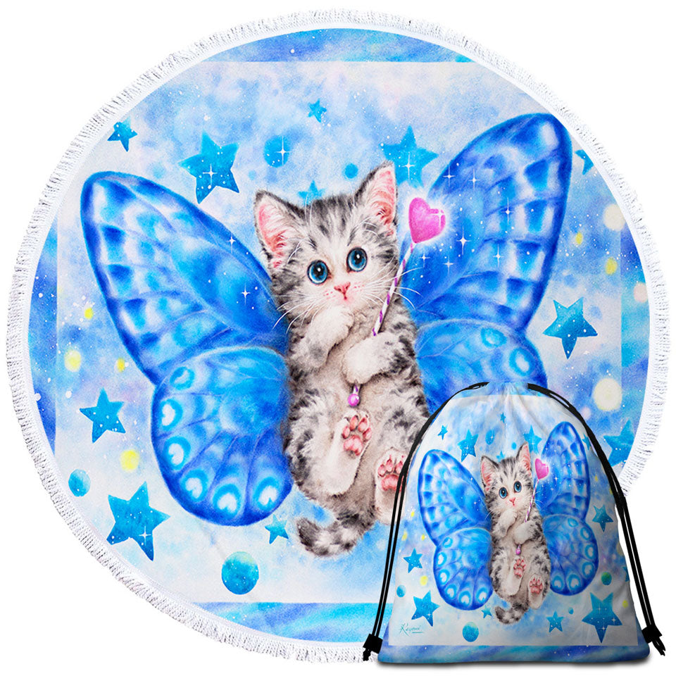 Cute Beach Towels and Bags Set with Kitten Designs Blue Butterfly Kitty Cat