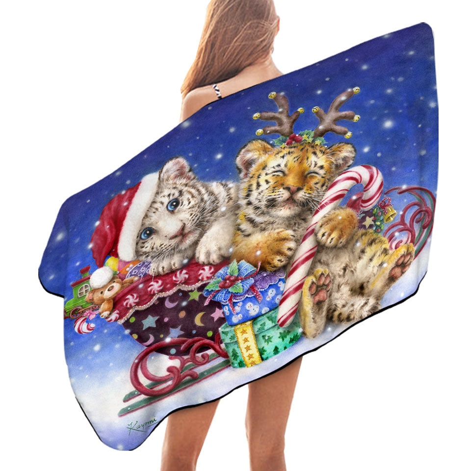 Cute Beach Towels for Christmas Baby Tigers with Presents Sleigh