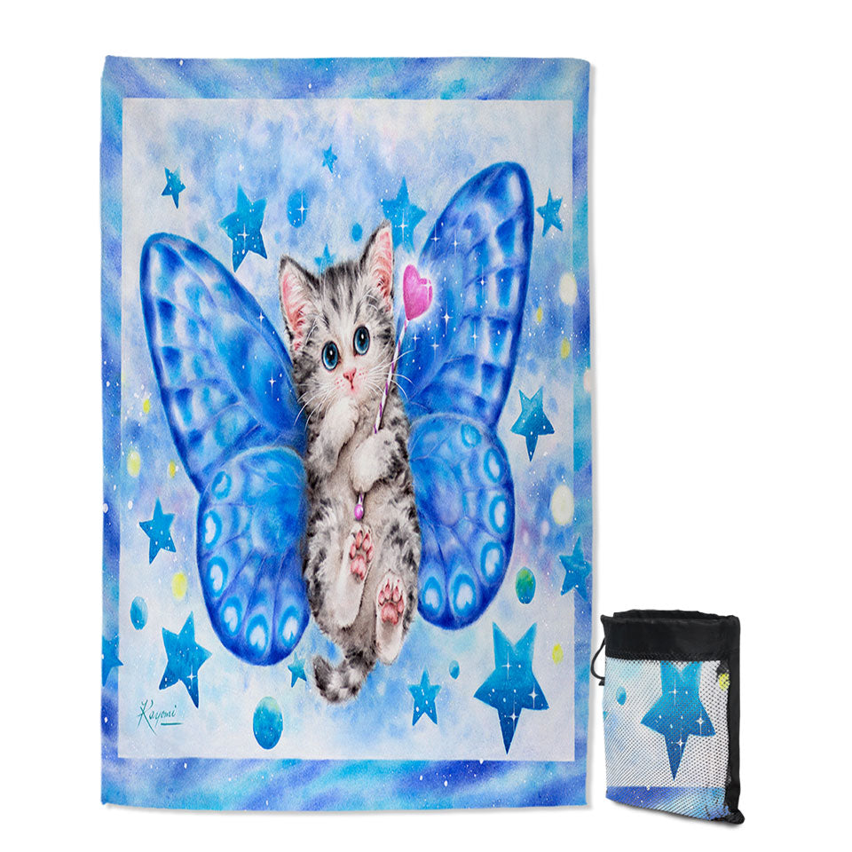 Cute Beach Towels for Girls Kitten Designs Blue Butterfly Kitty Cat