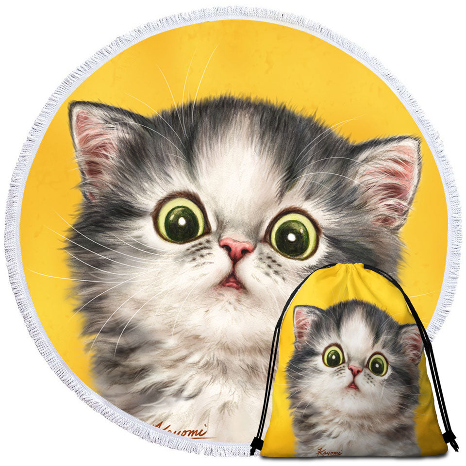 Cute Beach Towels for Travel with Confused Kitty Cat over Yellow