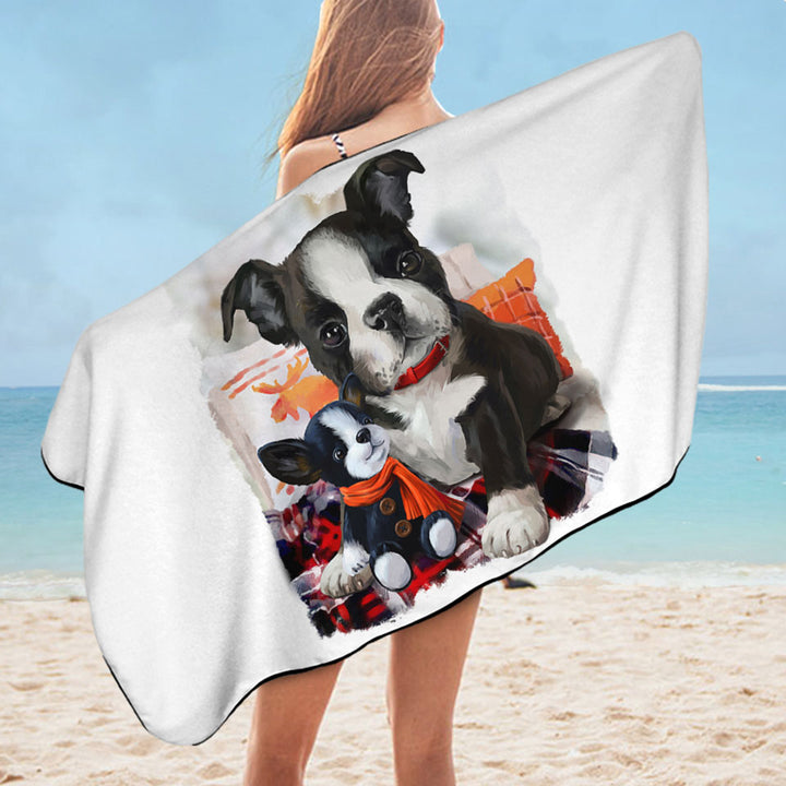 Cute Beach Towels of Art Painting Cozy Adorable Puppy Doll and Cute Dog