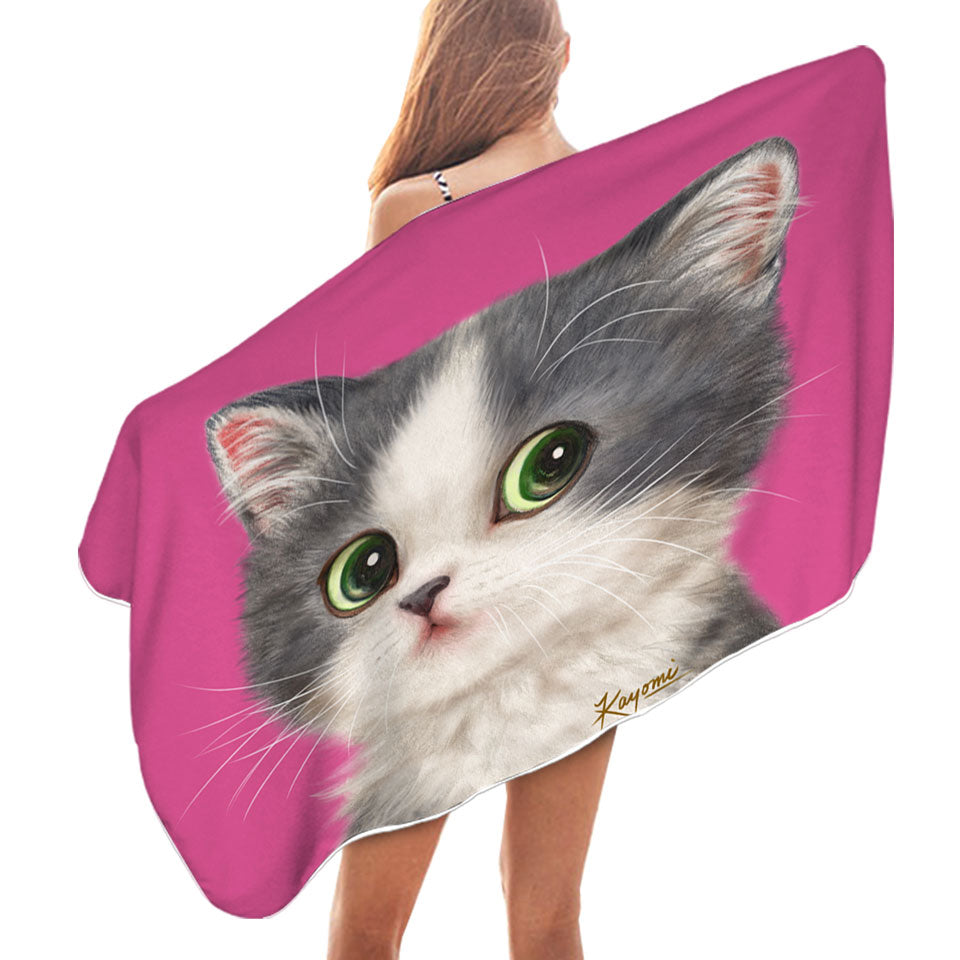 Cute Beach Towels with Cats Art Adorable Shy Kitten Over Pink