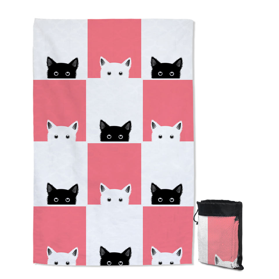 Cute Beach Towels with Pink White Panel and Black White Cats