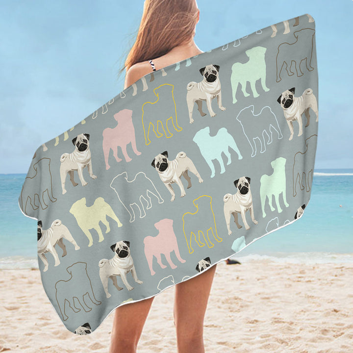 Cute Beach Towels with Pug and Pugs Multi Colored Silhouettes