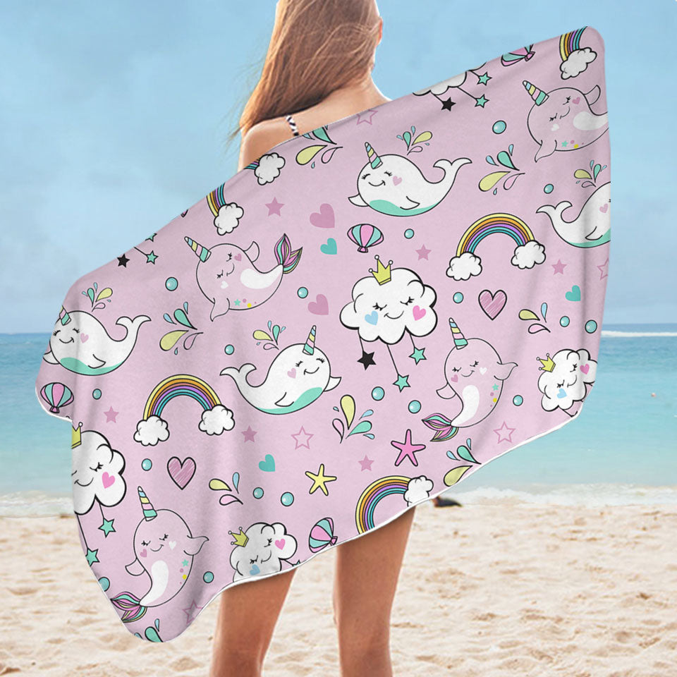 Cute Beach Towels with Rainbow Whales and Clouds
