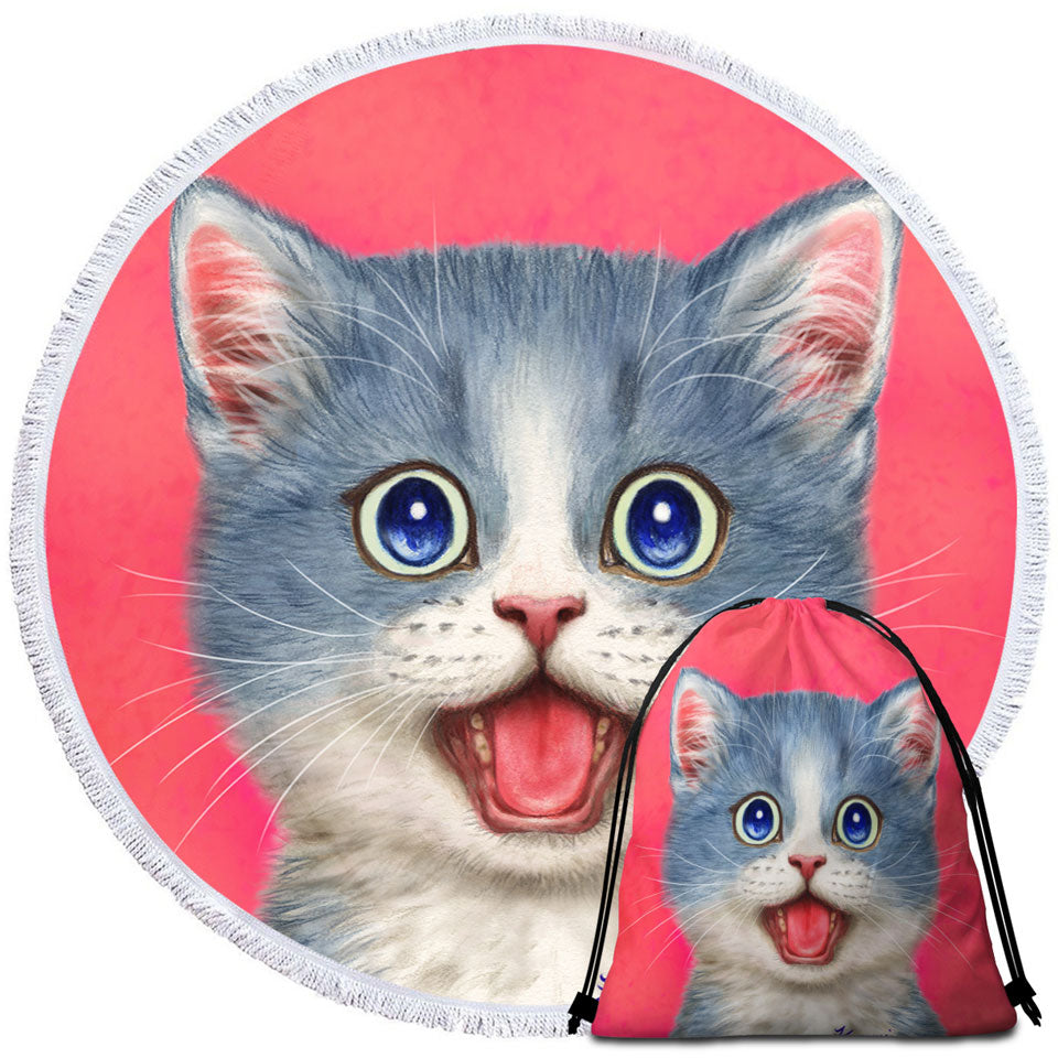 Cute Beach Towels with Sweet Happy Grey Kitten Cat