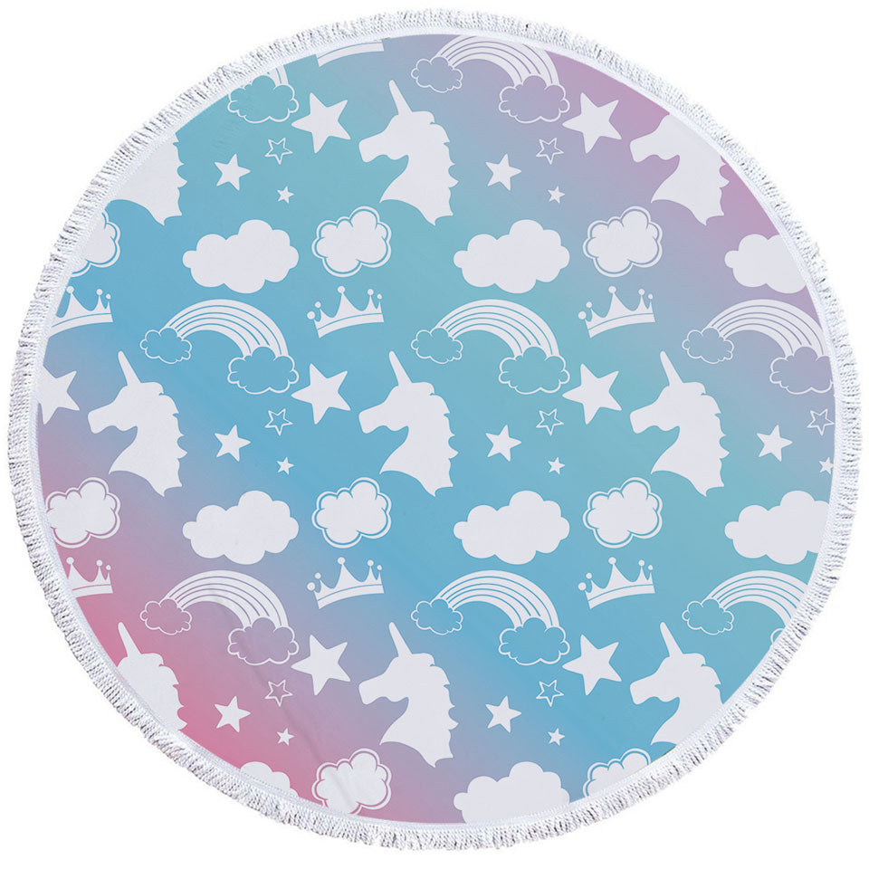 Cute Beach Towels with White Silhouettes Clouds and Unicorns