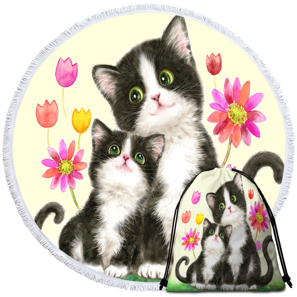 Cute Big Beach Towels Black and White Cats Mother and Daughter