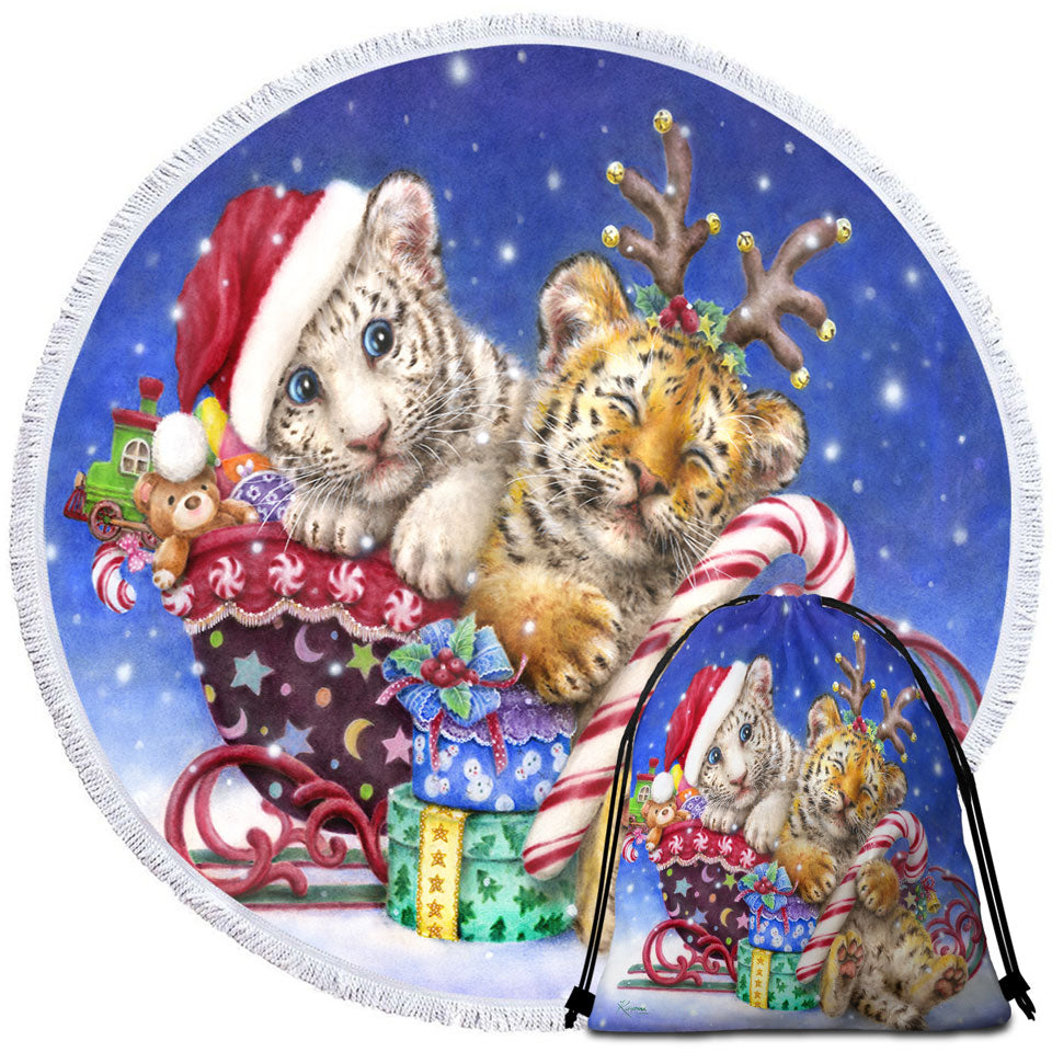 Cute Big Beach Towels for Christmas Baby Tigers with Presents Sleigh