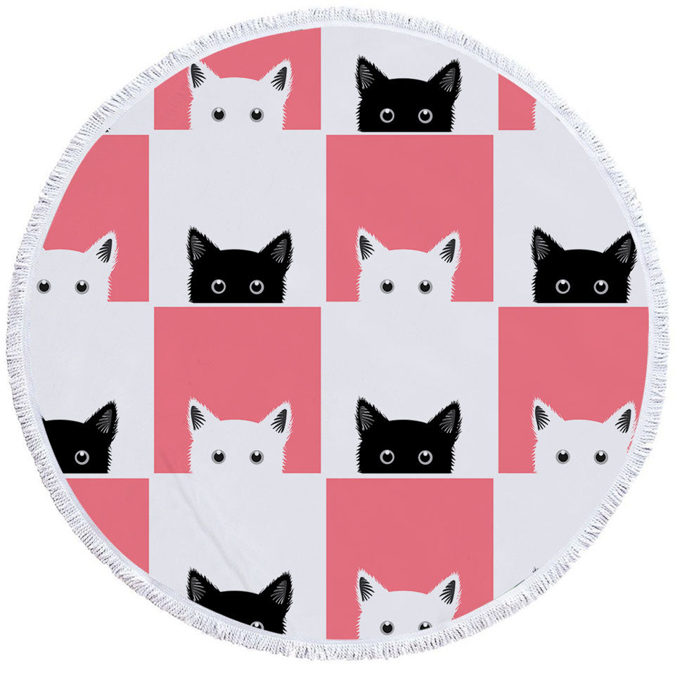 Cute Big Beach Towels with Pink White Panel and Black White Cats