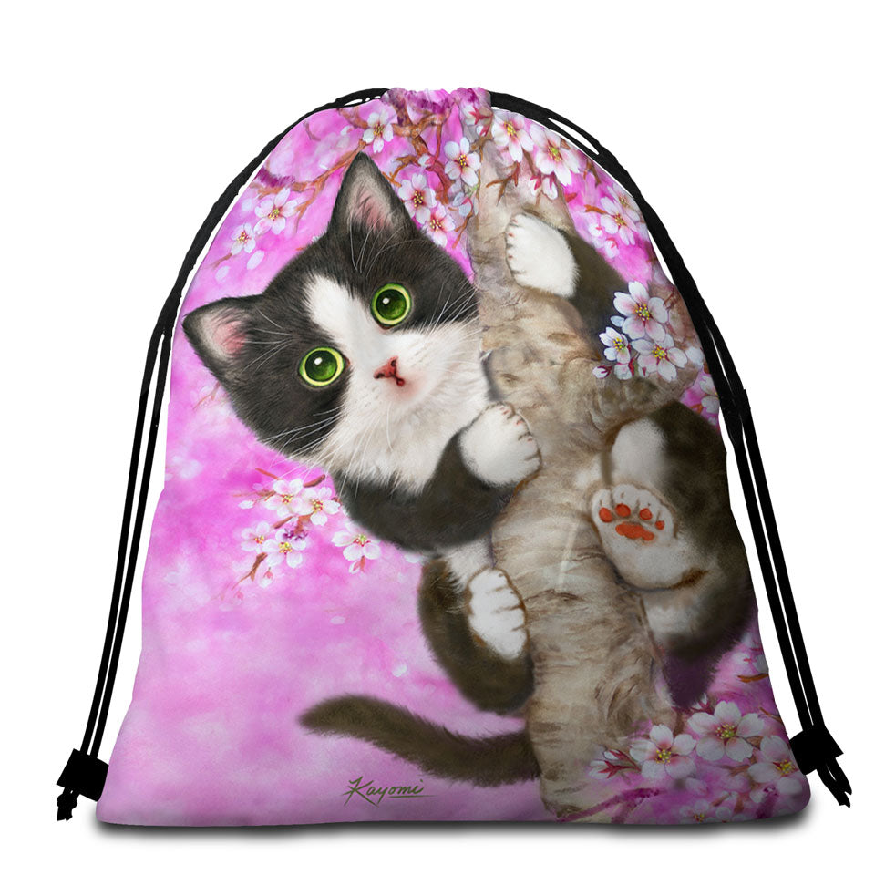Cute Black and White Kitten Cat on Cherry Blossom Beach Towels and Bags Set