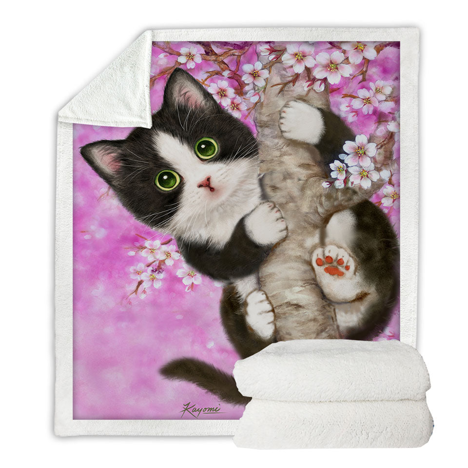 Cute Black and White Kitten Cat on Cherry Blossom Decorative Throws