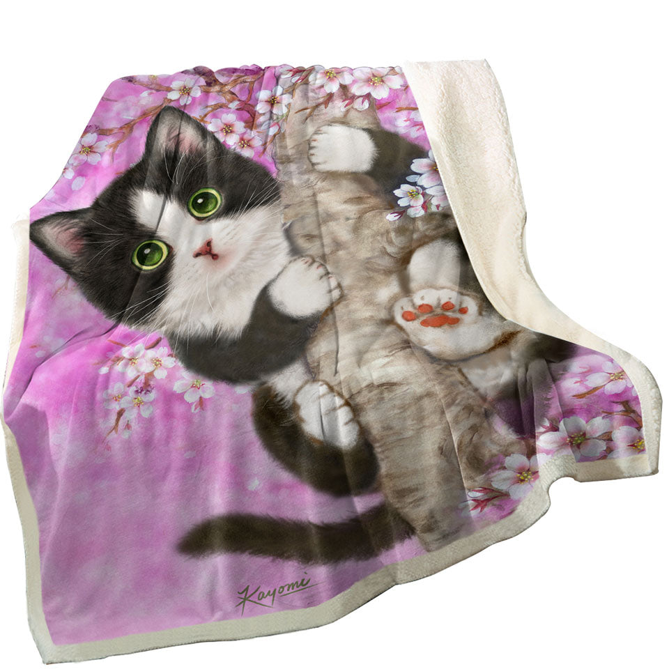 Cute Black and White Kitten Cat on Cherry Blossom Fleece Blankets