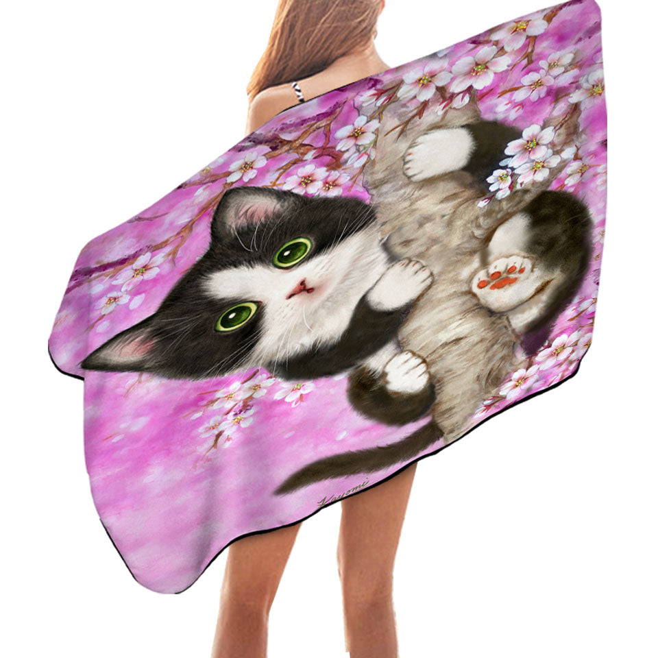 Cute Black and White Kitten Cat on Cherry Blossom Microfiber Beach Towel