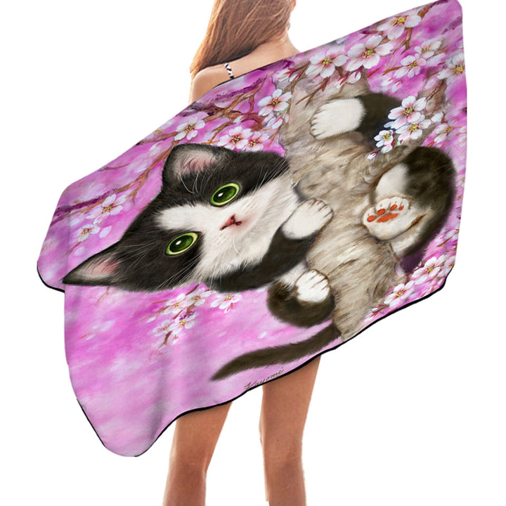 Cute Black and White Kitten Cat on Cherry Blossom Microfiber Beach Towel
