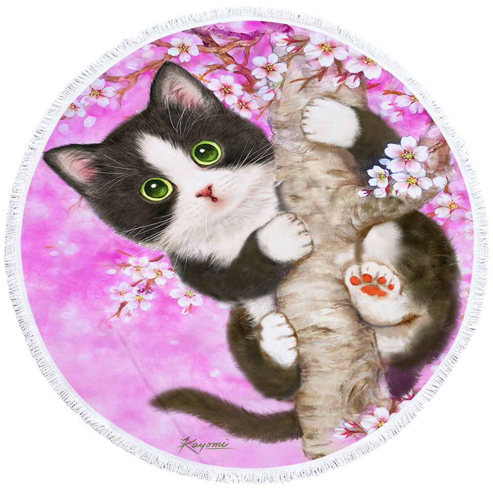 Cute Black and White Kitten Cat on Cherry Blossom Microfibre Beach Towels