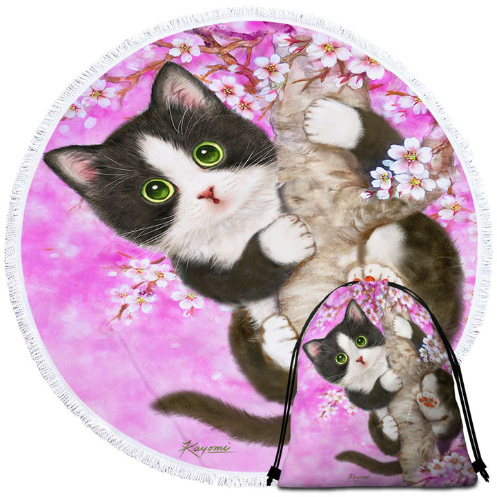 Cute Black and White Kitten Cat on Cherry Blossom Round Beach Towel