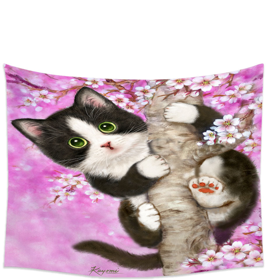 Cute Black and White Kitten Cat on Cherry Blossom Tapestry Wall Decor